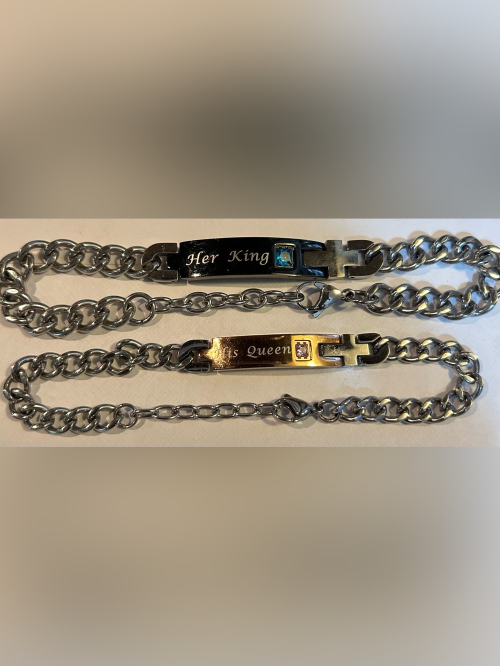 Her King & His Queen Engraved Couple Bracelets - Silver with Blue & Pink Stones